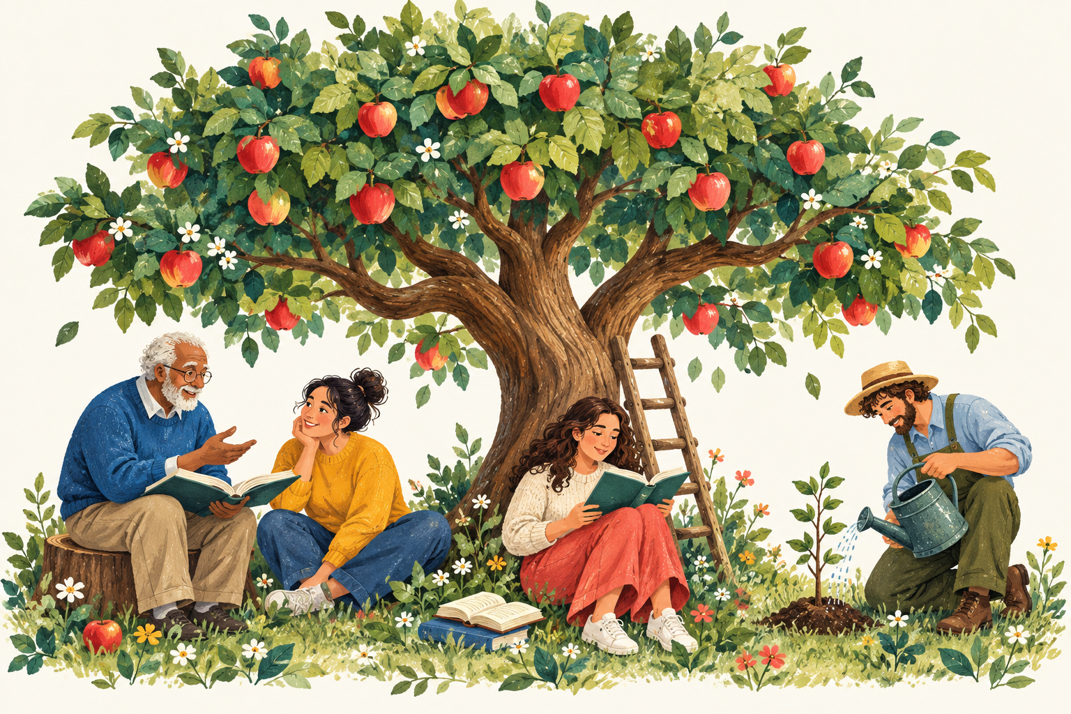 Adults reading, talking, and watering a sapling beneath an apple tree in a colorful learning garden